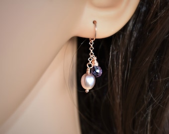 Alexandrite & Pearl Rose Gold Earrings - Rose Gold Alexandrite Earrings - JUNE BIRTHSTONE - Pearl and Alexandrite Earrings