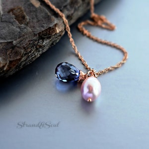 Fresh Water Pearl Alexandrite Pendant - Rose Gold Alexandrite Necklace - Bridal Necklace - Wrapped Gemstone Pendant - Pearl & Gemstone Duo