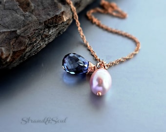 Fresh Water Pearl Alexandrite Pendant - Rose Gold Alexandrite Necklace - Bridal Necklace - Wrapped Gemstone Pendant - Pearl & Gemstone Duo