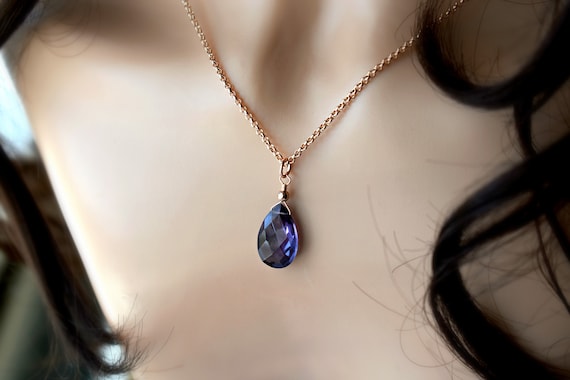 Alexandrite Teardrop Necklace - Alexandrite Solitaire Teardrop - June Birthstone - Alexandrite Rose Gold