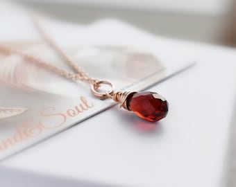Small Garnet Gemstone Drop - Tiny Teardrop Necklace - Small Garnet Necklace - Garnet Pendant