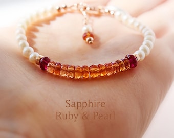 Padparadscha Sapphire Bracelet - Sapphire Bracelet - Orange Sapphire - September Birthstone - Luxury Gem Bracelet - Pearl Bracelet