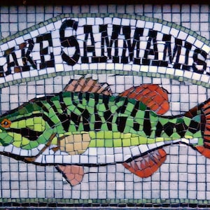 Original Mosaic Tile Wall Hanging of Largemouth Bass with Lake Sammamish banner. Unique Gift. REBATE for Local Pickup