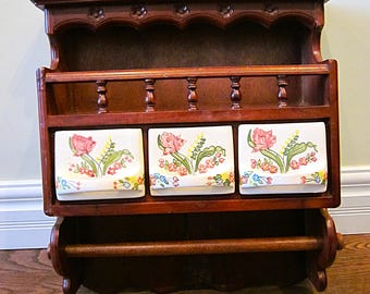 TLC Vintage Carved Wood Spice Rack with 3 Ceramic Hand Painted Drawers Needs TLC