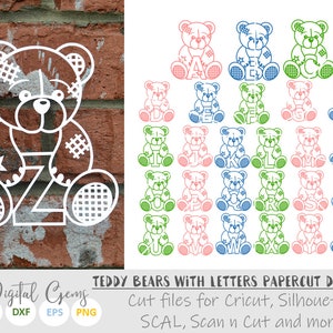 Alphabet complet avec ours en peluche découpé en papier svg/dxf/eps/files et modèles imprimables pdf/png pour une découpe à la main. Télécharger. Utilisation commerciale ok.