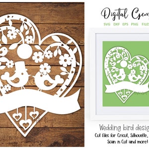 Wedding bird paper cut design. svg / dxf / eps files and pdf / png printable templates for hand cutting. Digital download.
