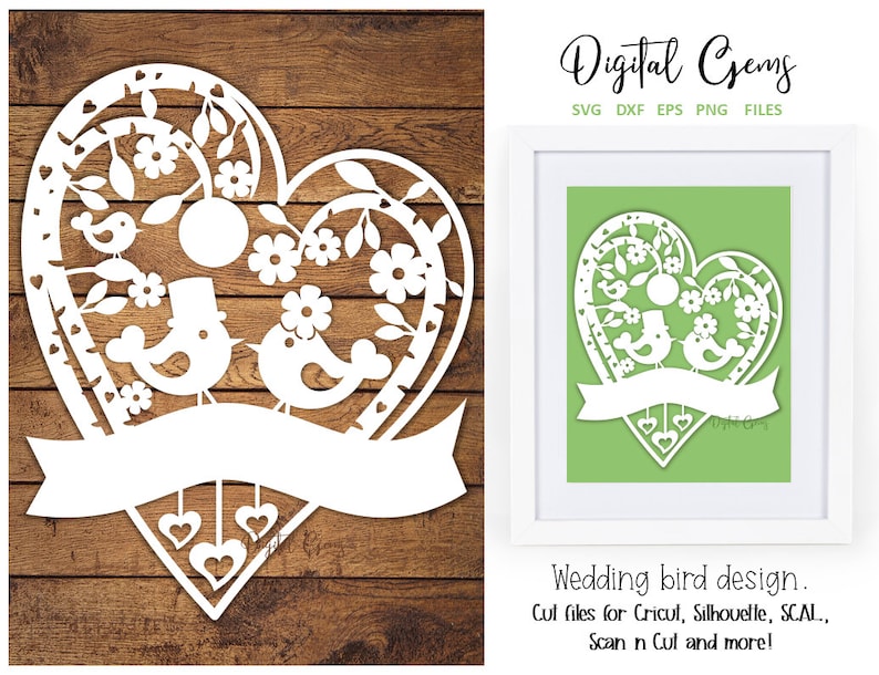 Wedding bird paper cut design. svg / dxf / eps files and pdf / png printable templates for hand cutting. Digital download. image 1