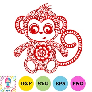 Può includere: Silhouette di scimmia rossa con intricati motivi floreali. La scimmia è seduta con la coda arrotolata attorno al suo corpo.