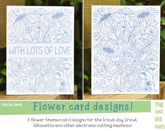 Puede incluir: Dos diseños de tarjetas de flores imprimibles con el texto "WITH LOTS OF LOVE" en una tarjeta. Los diseños son en azul y blanco y presentan una variedad de flores, hojas y corazones. Las tarjetas son perfectas para manualidades y la creación de tarjetas de felicitación personalizadas.