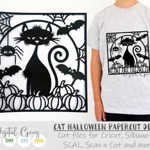Halloween black cat paper cut svg / dxf / eps / files and pdf / png printable templates for hand cutting. Digital download. image 1