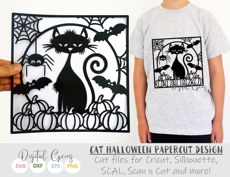 Halloween black cat paper cut svg / dxf / eps / files and pdf / png printable templates for hand cutting. Digital download. image 1