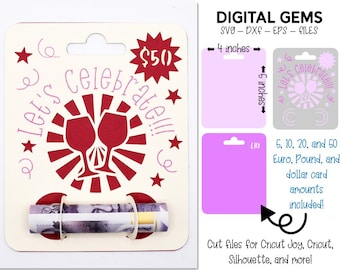 May include: A digital download of a printable gift card template for a 50 dollar gift. The template features a red and white design with the text "Let's Celebrate!" and two wine glasses. The template is 4 inches wide and 5 inches tall.