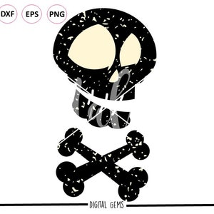 以下が含まれることがあります： 黒と白のディストレス加工されたドクロとクロスボーンのデザイン。ドクロは白い目をしています。