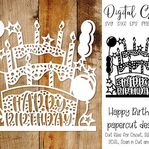 Happy Birthday paper cut svg / dxf / eps / png files and pdf / png printable templates for hand cutting. Digital download.