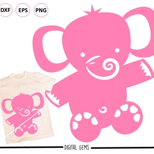 May include: Pink elephant silhouette with a curled trunk and small feet. The elephant is shown on a white background and on a beige t-shirt.