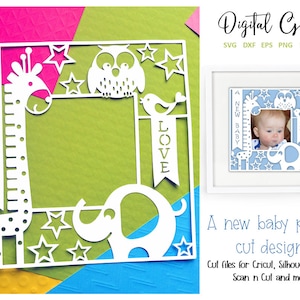 New baby animal photo frame paper cut svg / dxf / eps / files and pdf / png printable templates for hand cutting. Digital download.
