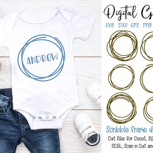 May include: White baby onesie with the name "ANDREW" in blue script inside a blue scribble circle. The image also shows a pair of blue jeans, a white shoe, and a brown teddy bear. Additional text reads "Digital Gems" and "Scribble frame designs."