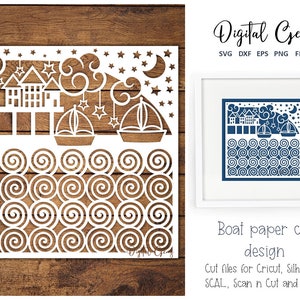 Boat scene paper cut svg / dxf / eps / png files and pdf / png printable templates for hand cutting. Digital download.