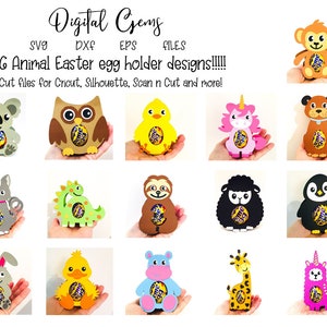May include: A collection of 16 animal-themed Easter egg holder designs. The designs include a koala, owl, chick, unicorn, monkey, dog, bunny, dinosaur, sloth, sheep, penguin, duck, hippo, giraffe, and llama. Text reads "Digital Gems" and "16 Animal Easter egg holder designs!!!!!"
