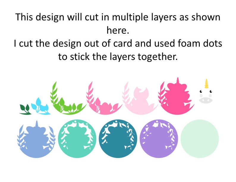 May include: A layered paper craft design featuring a unicorn theme. The design includes various floral and unicorn elements in shades of blue, green, pink, and purple. The text indicates the design is cut from cardstock and assembled with foam dots.