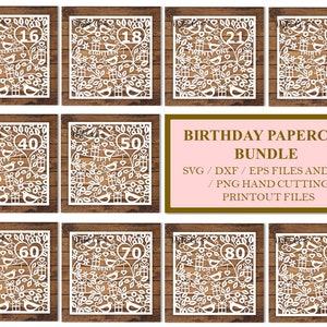 Bundle di design di taglio cartaceo di compleanno file svg / dxf / eps / png e modelli stampabili pdf / png per il taglio a mano. Download digitale.