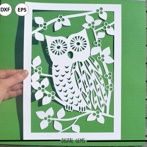 Corte de papel coruja svg / dxf / eps / arquivos e modelos imprimíveis em pdf / png para corte manual. Baixar digitais. Uso comercial ok.