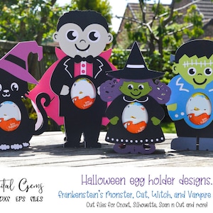 Halloween egg holder design bundle, Cat, Vampire, Witch, and Frankenstein&#39;s Monster svg / dxf / eps files. Digital download.