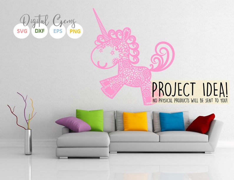 K&ouml;nnte beinhalten: Eine rosa Einhorn-Silhouette mit filigranen Details, perfekt f&uuml;r Bastelprojekte. Das Bild enth&auml;lt den Text "PROJECT IDEA! NO PHYSICAL PRODUCTS WILL BE SENT TO YOU!"