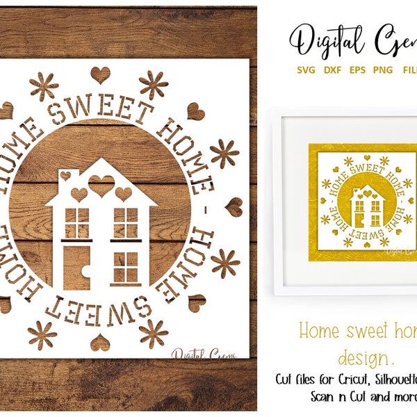 Home sweet home paper cut design. svg / dxf / eps / png files and pdf / png printable templates for hand cutting. Digital download