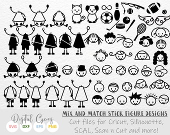 Stick figures mix and match svg / dxf / eps / png files. Download. Compatible with Cricut, Silhouette, SCAL, Scan n Cut. Commercial use ok.