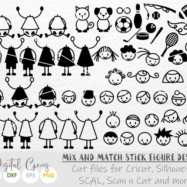 Stick figures mix and match svg / dxf / eps / png files. Download. Compatible with Cricut, Silhouette, SCAL, Scan n Cut. Commercial use ok.