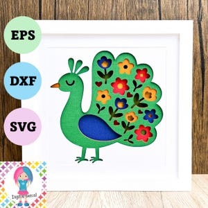 Pavone con fiori 3D, design shadowbox a strati su carta, file svg / dxf / eps. Download digitale. Funziona con Silhouette, Cricut e altro ancora!