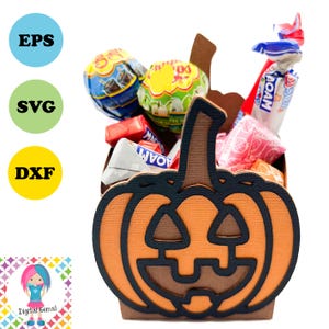 May include: A brown pumpkin-shaped candy holder with a black jack-o'-lantern face. The holder is filled with colorful candies, including lollipops, gum, and wrapped candies.