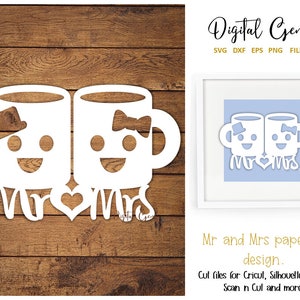 Mr and Mrs paper cut design. svg / dxf / eps / png files and pdf / png printable templates for hand cutting. Digital download.