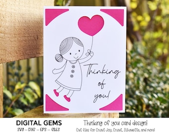 May include: A white card with a pink heart balloon and a girl holding the string. The card has pink corners and says "Thinking of you!" in black text.