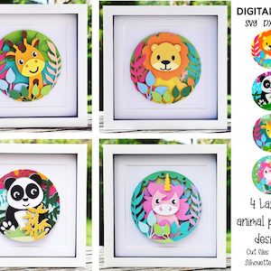 Disegni di carta a strati di animali. File SVG di leone, unicorno, panda, giraffa. Download digitale. Funziona con Silhouette e Cricut.