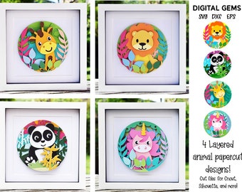 Animal Layered paper designs. Lion, Unicorn, Panda, Giraffe SVG files. Digital download. Works with Silhouette & Cricut.