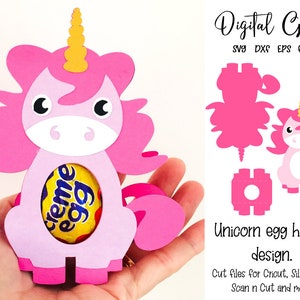 May include: A pink unicorn egg holder design, holding a creme egg. The unicorn has a yellow horn, pink mane, and a white face. The text "Digital Gems" and "Unicorn egg holder design" are also visible.
