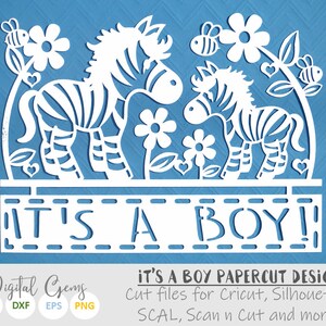 Zebra baby boy corte de papel svg / dxf / eps / arquivos e modelos imprimíveis em pdf / png para corte manual. Baixar digitais. Uso comercial ok.