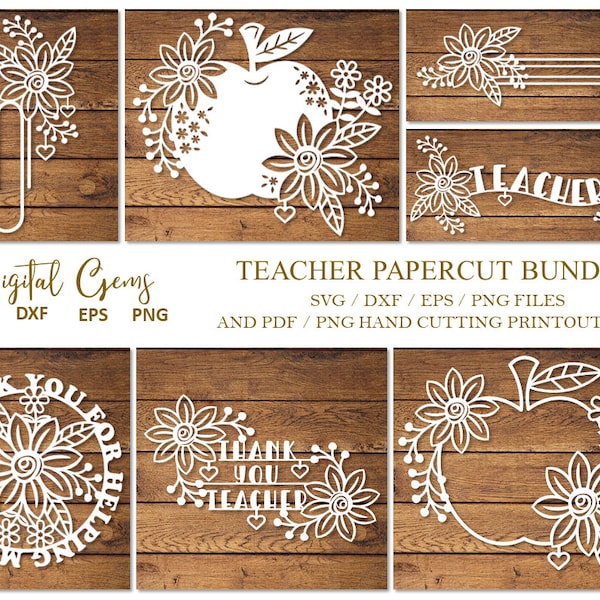 Teacher paper cut bundle. svg / dxf / eps / png files and pdf / png printable templates for hand cutting. Digital download.
