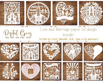 Love and marriage, wedding paper cut design bundle. svg / dxf / eps / png files and printable templates for hand cutting. Digital download.