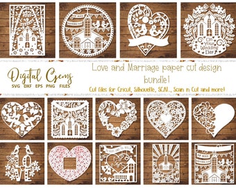 Love and marriage, wedding paper cut design bundle. svg / dxf / eps / png files and printable templates for hand cutting. Digital download.