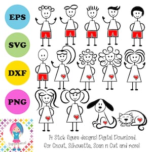 Stick figures, 6 men, 6 women, a Cat and Dog svg / dxf / eps / png files. Digital download. For Cricut, SCAL, Silhouette, Scan n Cut etc.
