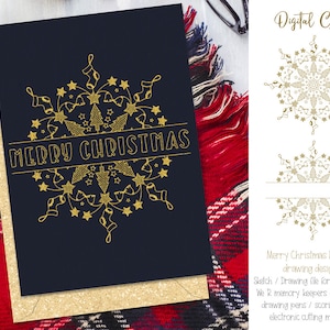May include: A gold snowflake mandala design with the text "Merry Christmas" on a dark blue background. This digital design is perfect for use with a foil quill, drawing pens, or scoring tools.