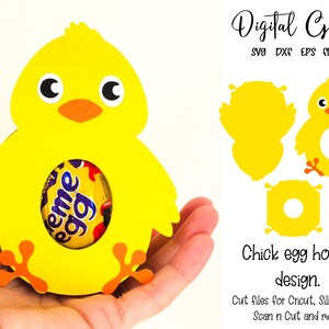 May include: A yellow chick-shaped egg holder with an orange beak and feet, holding a chocolate egg. The design includes cut files for Cricut, Silhouette, and Scan n Cut. The text "Digital Gems" and "Chick egg holder design" are also visible.