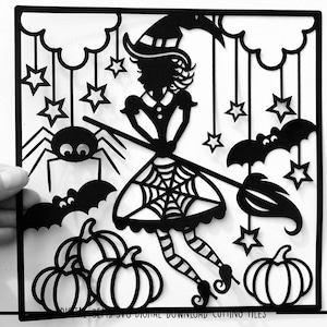 Halloween witch paper cut svg / dxf / eps / files and pdf / png printable templates for hand cutting. Digital download.
