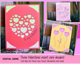 Valentines Day card designs, Insert card bundle of three! SVG files. Digital download. Works with Silhouette, Cricut, Cricut Joy and more!