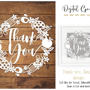 Thank you, teacher paper cut design. svg / dxf / eps / png files and pdf / png printable templates for hand cutting. Digital download.
