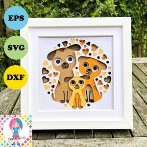 Könnte beinhalten: Ein digitales Schnittmuster mit drei Cartoon-Hunden in einem Kreis aus Herzen. Die Hunde sind braun, orange und gelb. Dieses Design ist perfekt für die Erstellung eines mehrschichtigen Papierbastelprojekts.