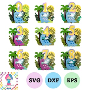 Puede incluir: Un conjunto de nueve recortes de números coloridos con temática de dinosaurios, cada uno con un número diferente del cero al ocho. Los números son amarillos y los dinosaurios son azules y morados. Los recortes están rodeados de palmeras y otros elementos decorativos.